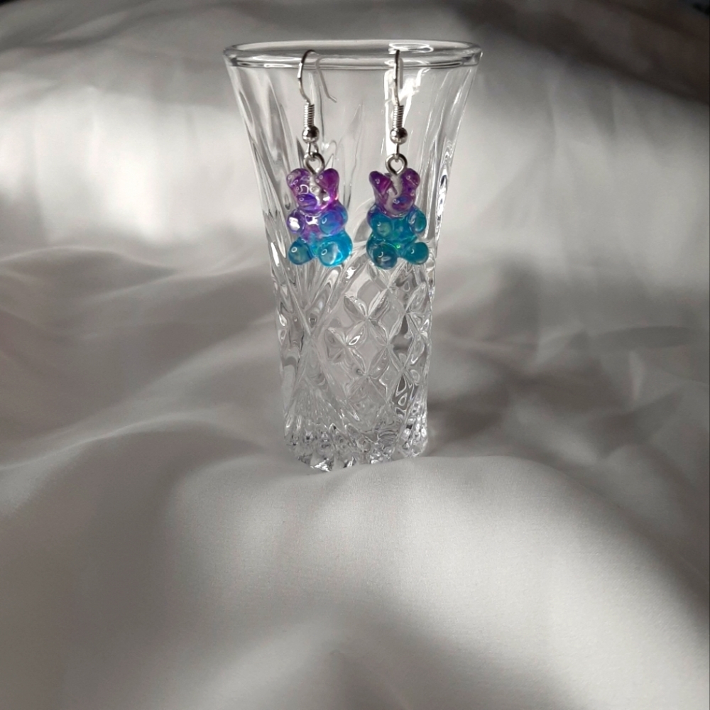 Clear Blue & Purple Glitter Acrylic Gummy Bear Earrings.